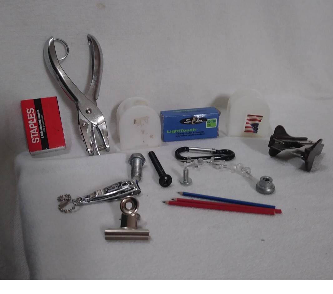 Office Junk Drawer Lot Stamp Dispensers Hole Punch Staples Nail Clippers Clamp
