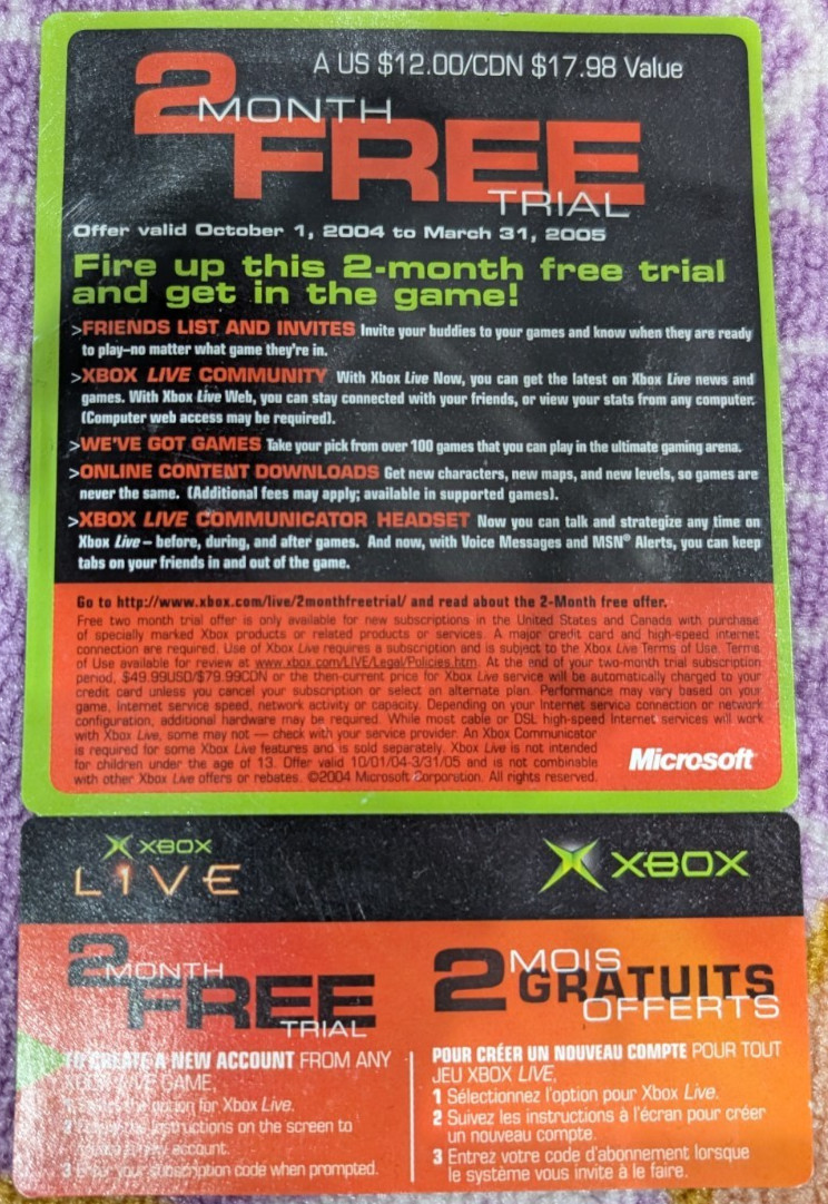 Brand New Microsoft Xbox Live 2 Month Free Trial Code Scratch Card! Expired!