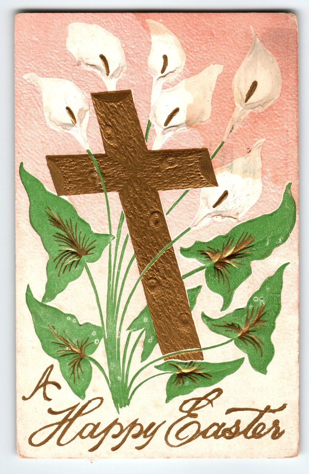 Happy Easter Postcard 1900's Gold Cross Lily Flowers Embossed Vintage Antique