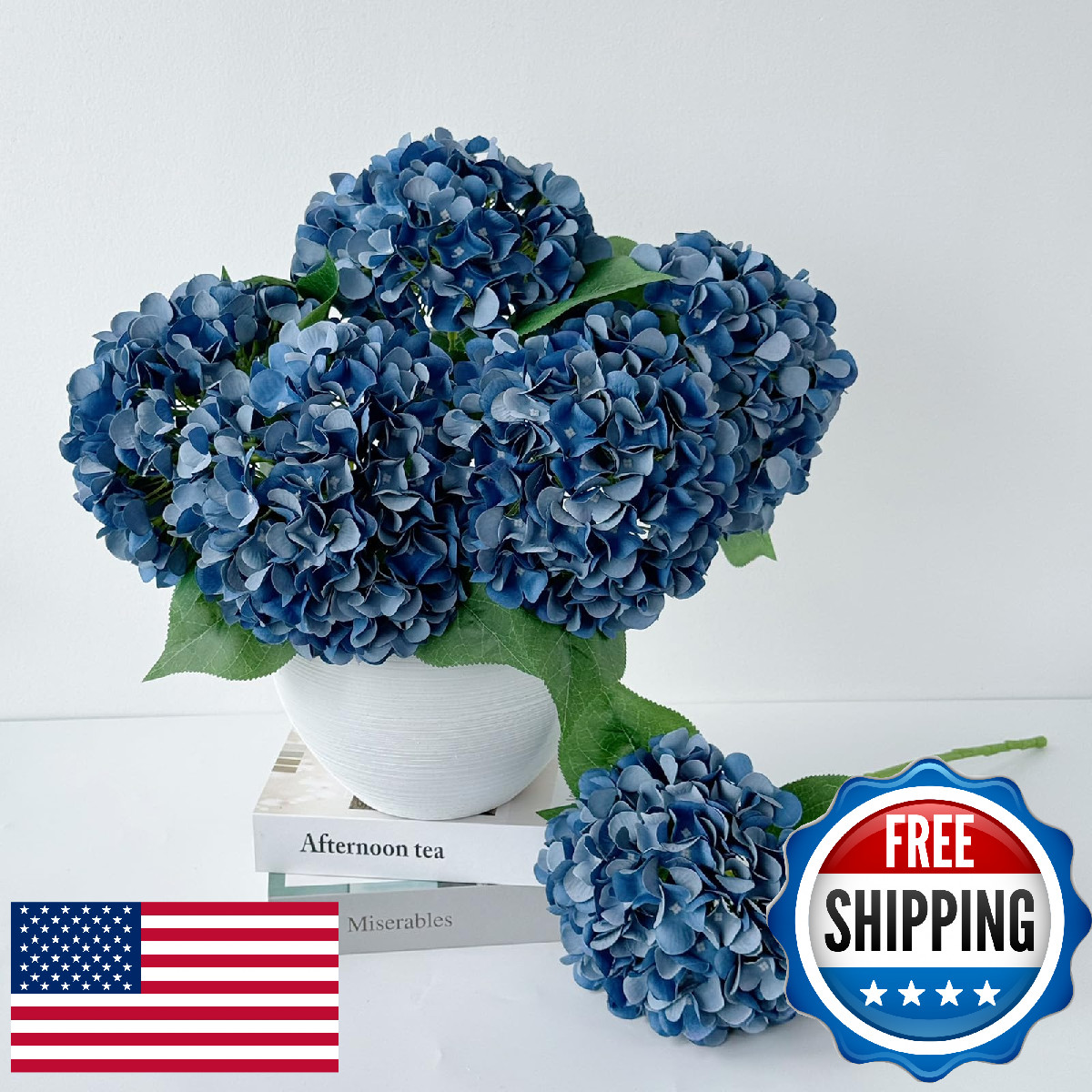 ZYTUYO 5 Pcs Dark Blue Silk Hydrangeas Artificial Flower Boho Dried Touch 20'' F
