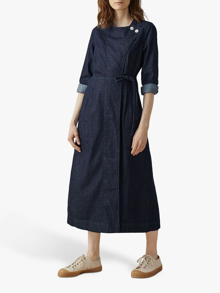 Toast Denim Wrap Dress Size 14 Midi Indigo Blue Shoulder Button Sleeves Pockets