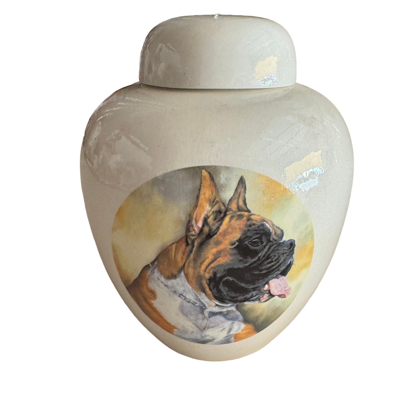 Ceramic Urn Ginger Jar with Boxer Dog Design on Front Hand Painted And Glazed 