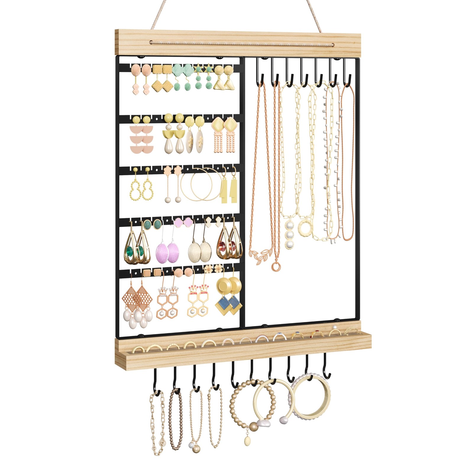 Hanging Jewelry Organizer, 5-Tier Wall Earring Holder with Wooden Ring Groove...