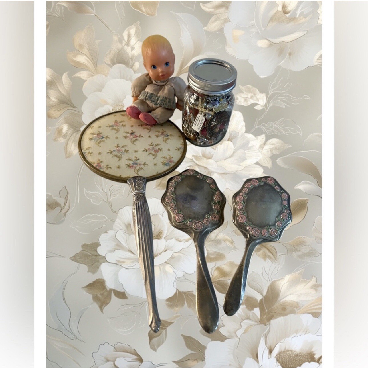 Vintage Vanity Mirror & Brush Set including Jewelry Jar & Vintage Doll