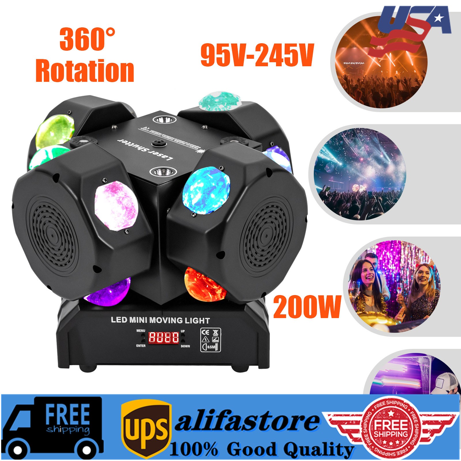 Portable Head DJ Light Rotating Strobe Lights Multi-Effects Stage Lighting 200W