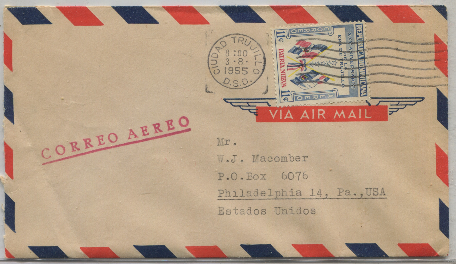 Dominican Republic 1955 Airmail Cover Ciudad Trujillo to USA