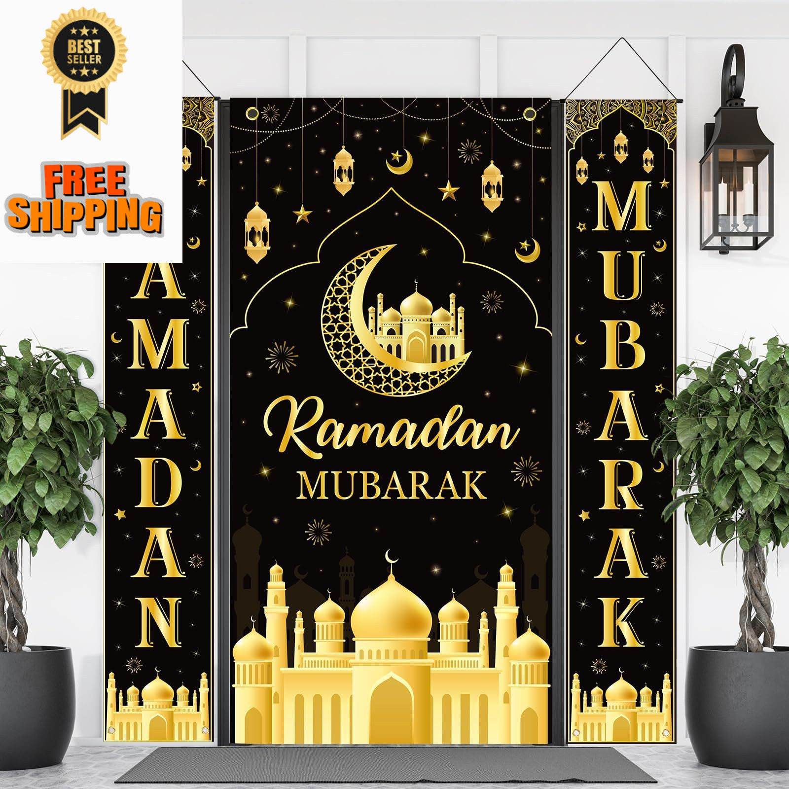 3 Pcs Ramadan Mubarak Banner Decorations for Home Eid Large, 