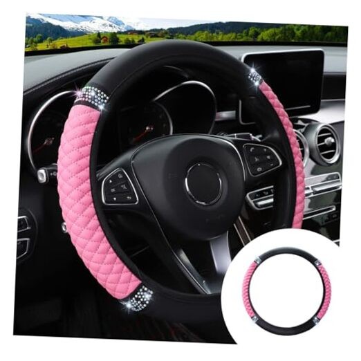 Bling Soft Leather Steering Wheel Cover, 15 Inch Colorful Rhinestones Auto Pink