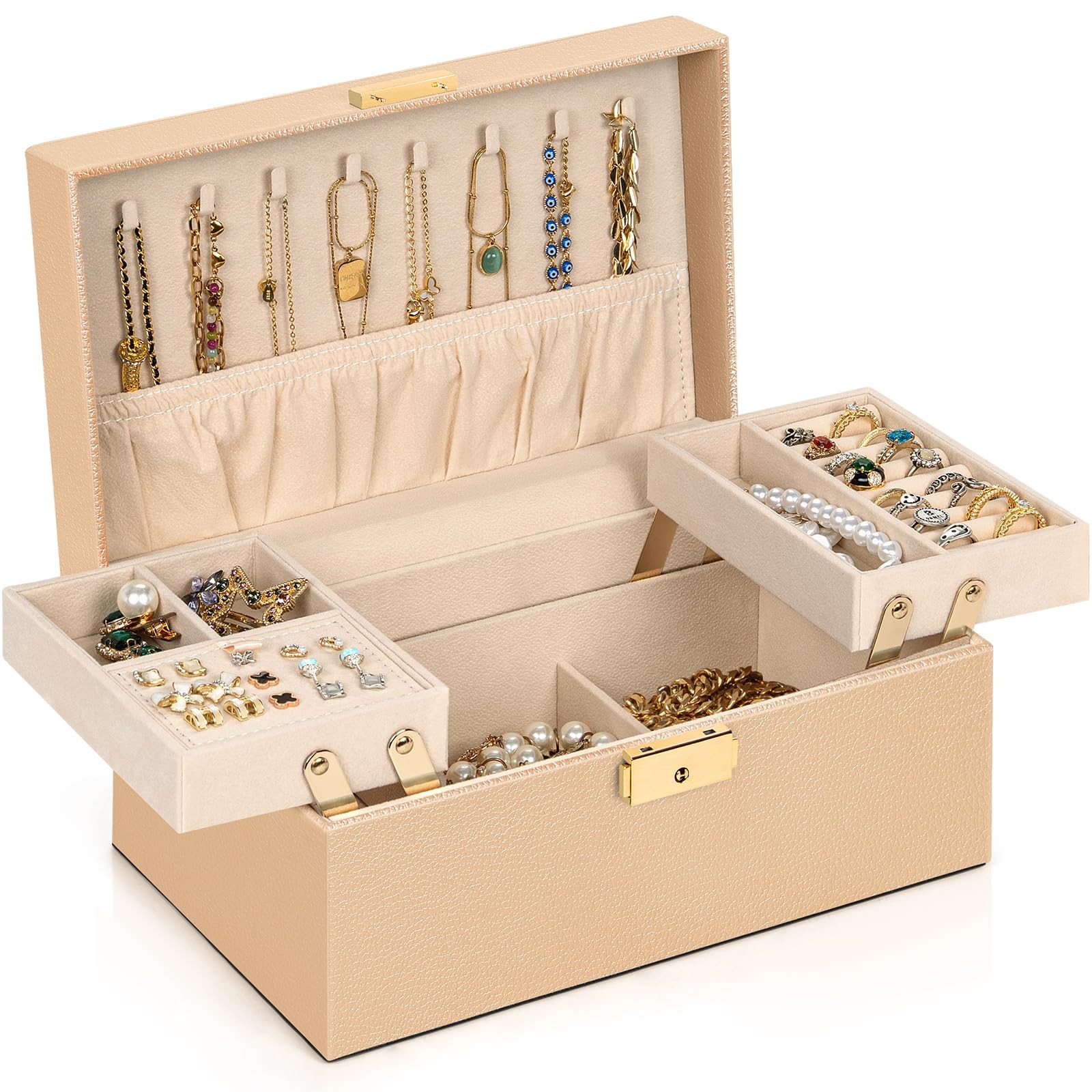 Travel Jewelry Box Organizer Functional 2-trays Leather Jewelry Storage Case ...