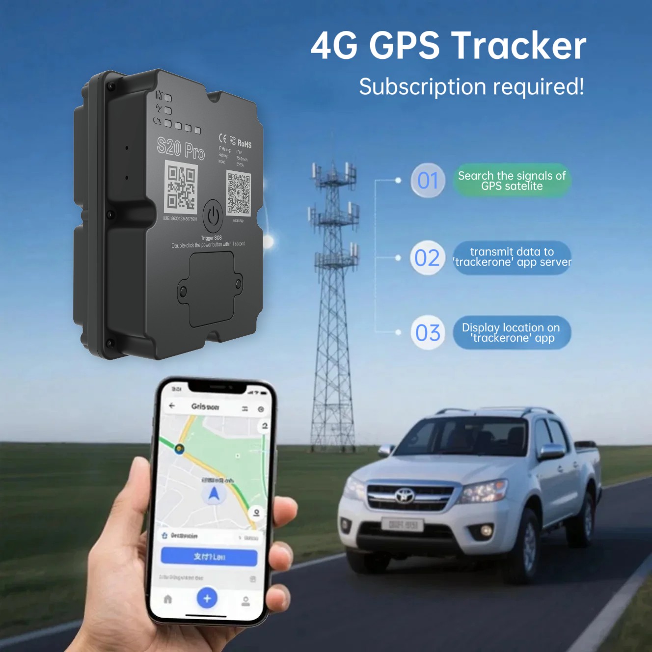 Long Battery 4G GPS Vehicle Tracker - Up To 30 Days Standby, Real-Time Tracking,