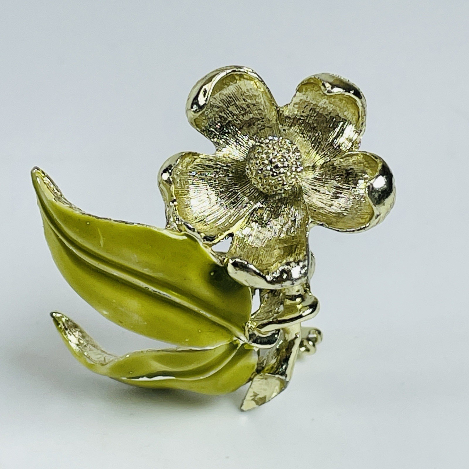 Vintage Gold Tone Flower Brooch Pin with Green Enamel Leaf Floral Jewelry
