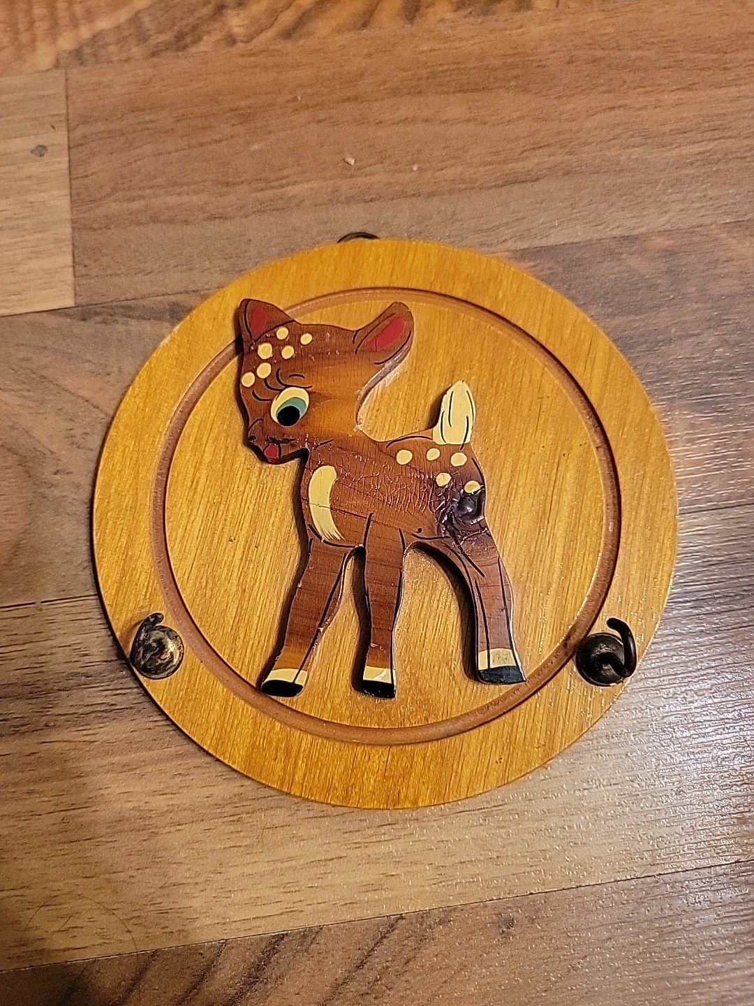 Vintage Wood Deer Round Wall Hook Entry, Kitchen, Nursery Decor Mid Century
