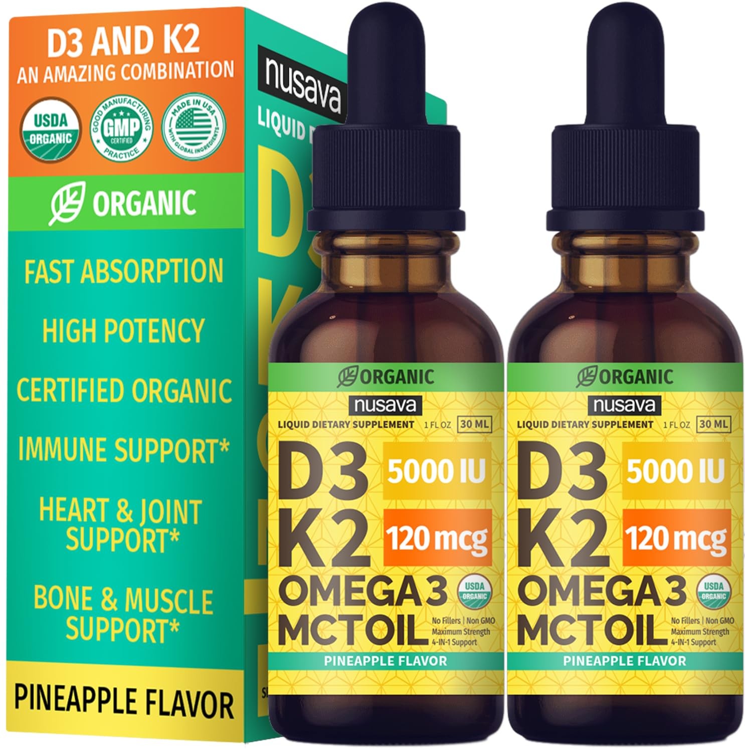 (2 Pack) Organic Vitamin D3 K2 Drops with MCT Oil Omega 1 Fl Oz (Pack of 2) 