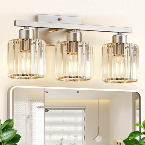  Modern Crystal Bathroom Vanity Light, Brushed Nickel Bathroom 18.3*7*12" Round