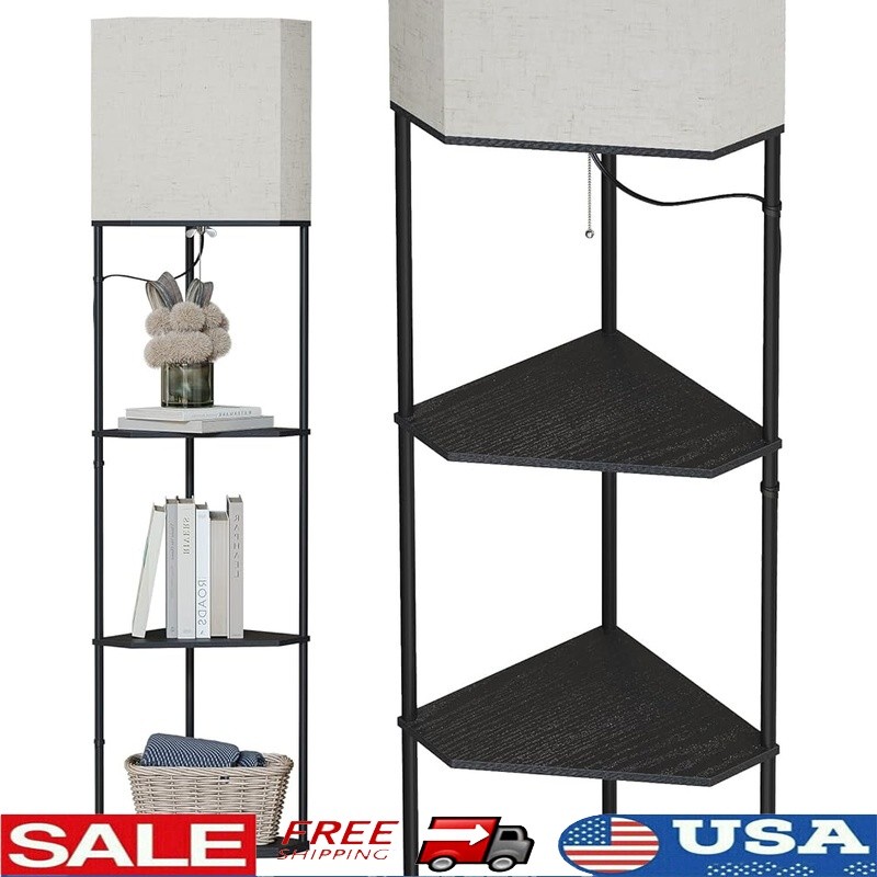 Space Saving Corner Floor Lamp W/ 3-Color LED Bulbs & Decorative Shelf New