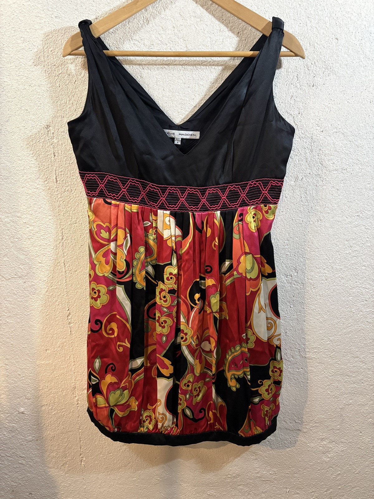 Y2K Steve Madden Multicolor Bubble Skirt Silk V Dress Sz M Empire Embroidered