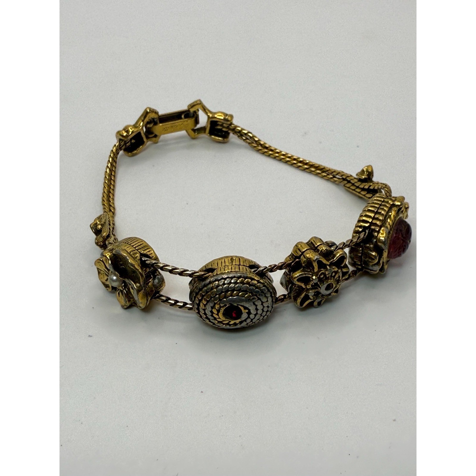 Vintage Goldette Victorian Revival Slide Charm Bracelet Red Stones