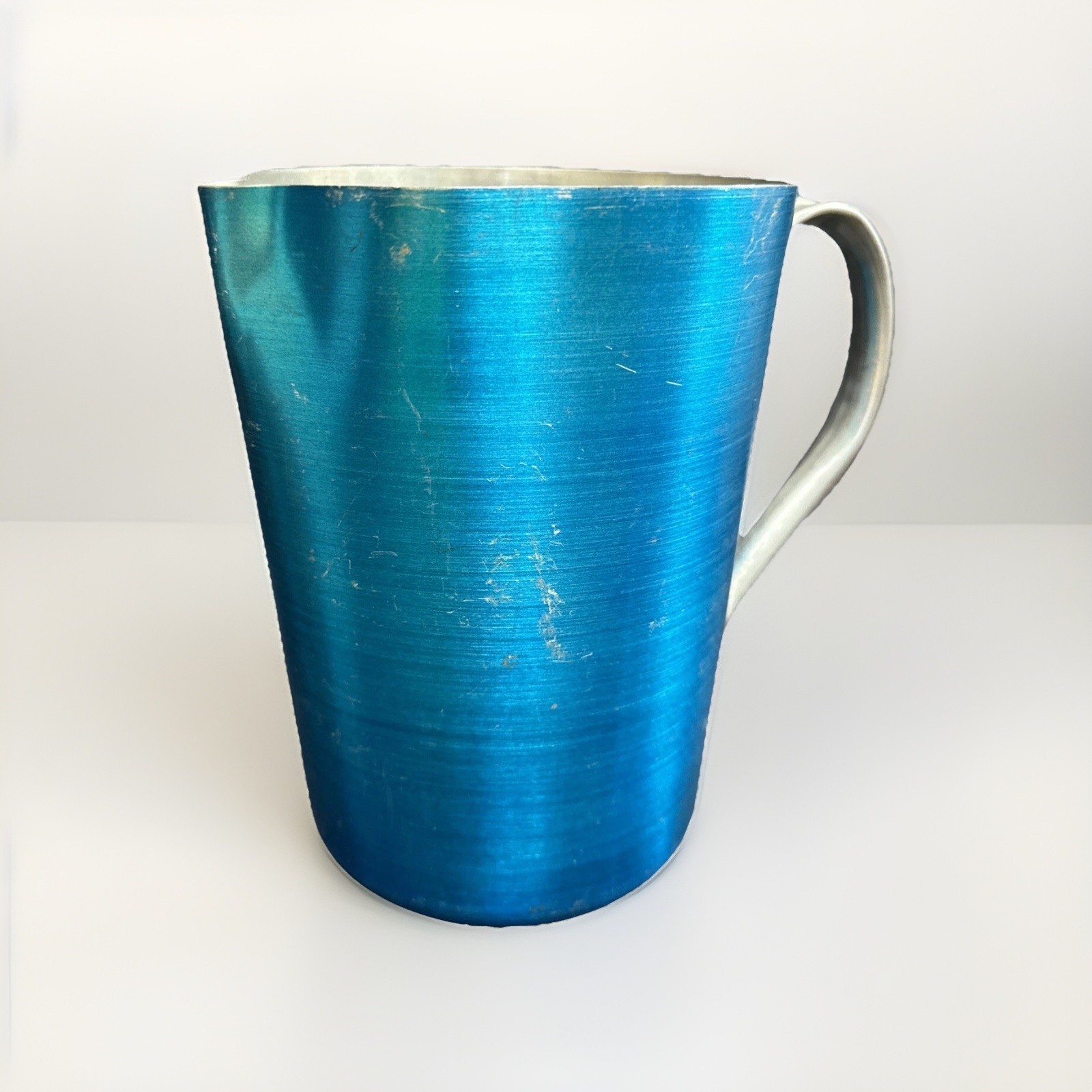 Vintage Safire Blue Spun Aluminum Pitcher with silver handle 7 3/4” High