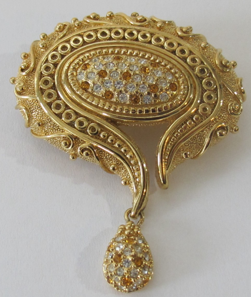 Vintage Grosse Germany Rhinestone Gold Tone Dangle Drop Pin Brooch C6