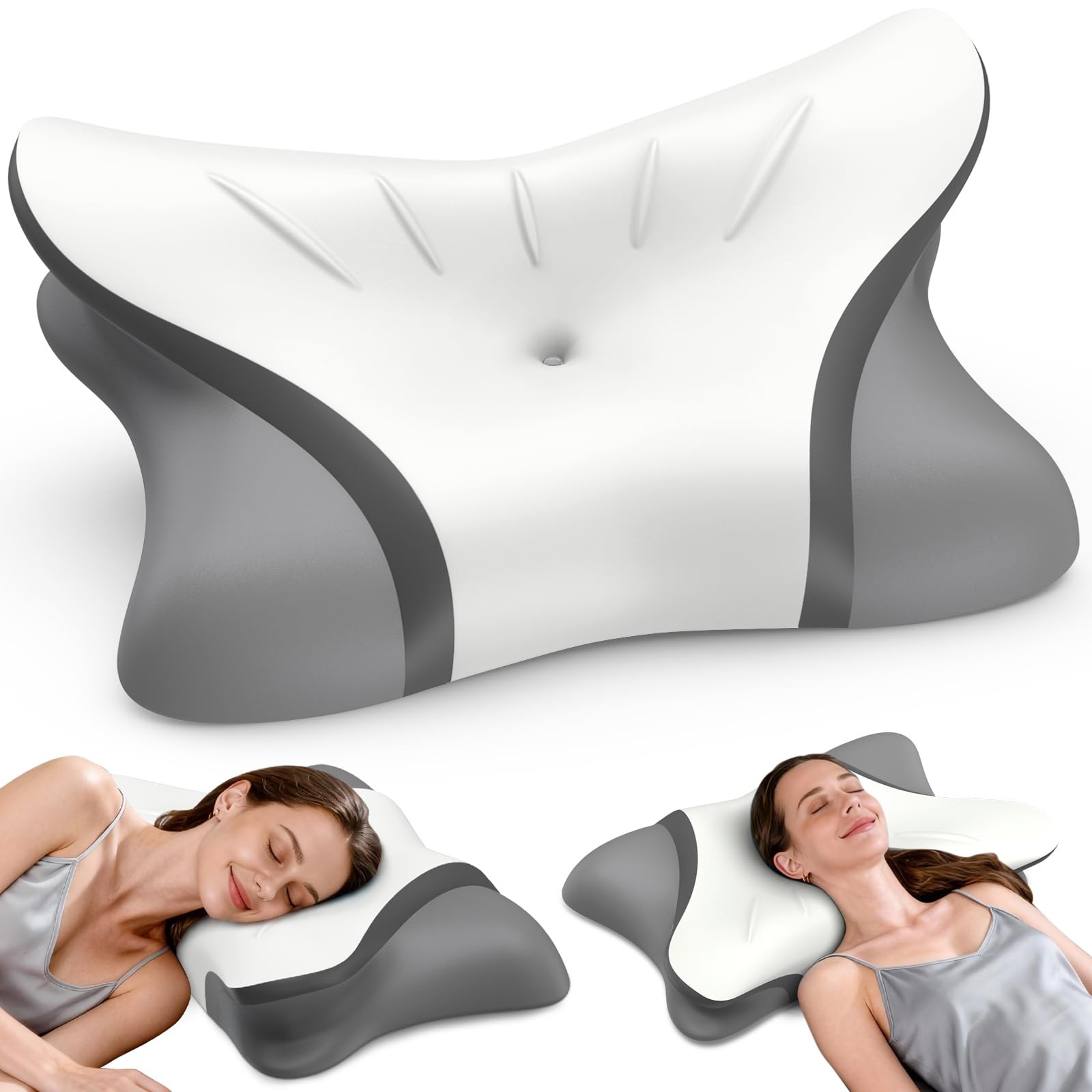 Cervical Neck Pillow for Pain Relief, Bed Pillows Queen Size, White&grey 