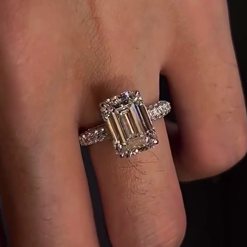 2.80CTW Emerald Cut Moissanite Hidden Halo Engagement Ring 14k White Gold Plated