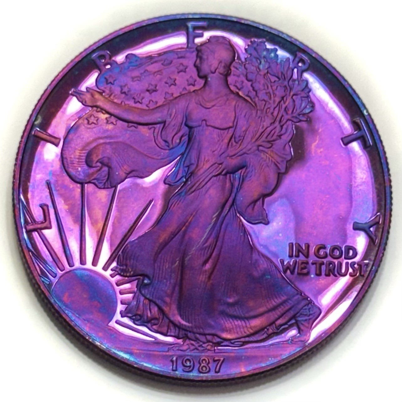 American Silver Eagle Proof 1987 .999 1oz Monster Rainbow Toning