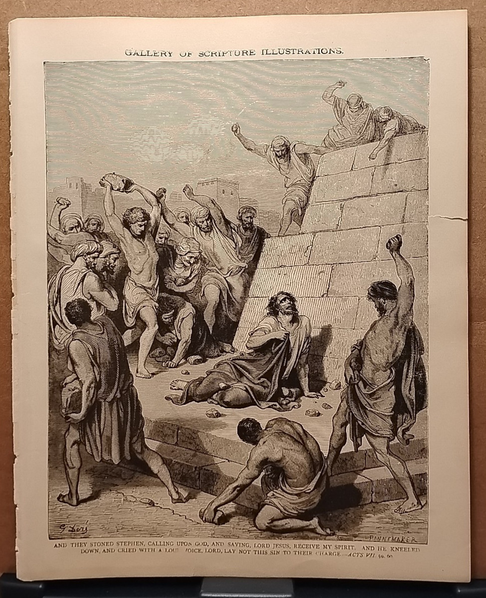 1884 - Vintage THE MARTYRDOM OF SAINT STEPHEN Antique Bible Print from 1800s