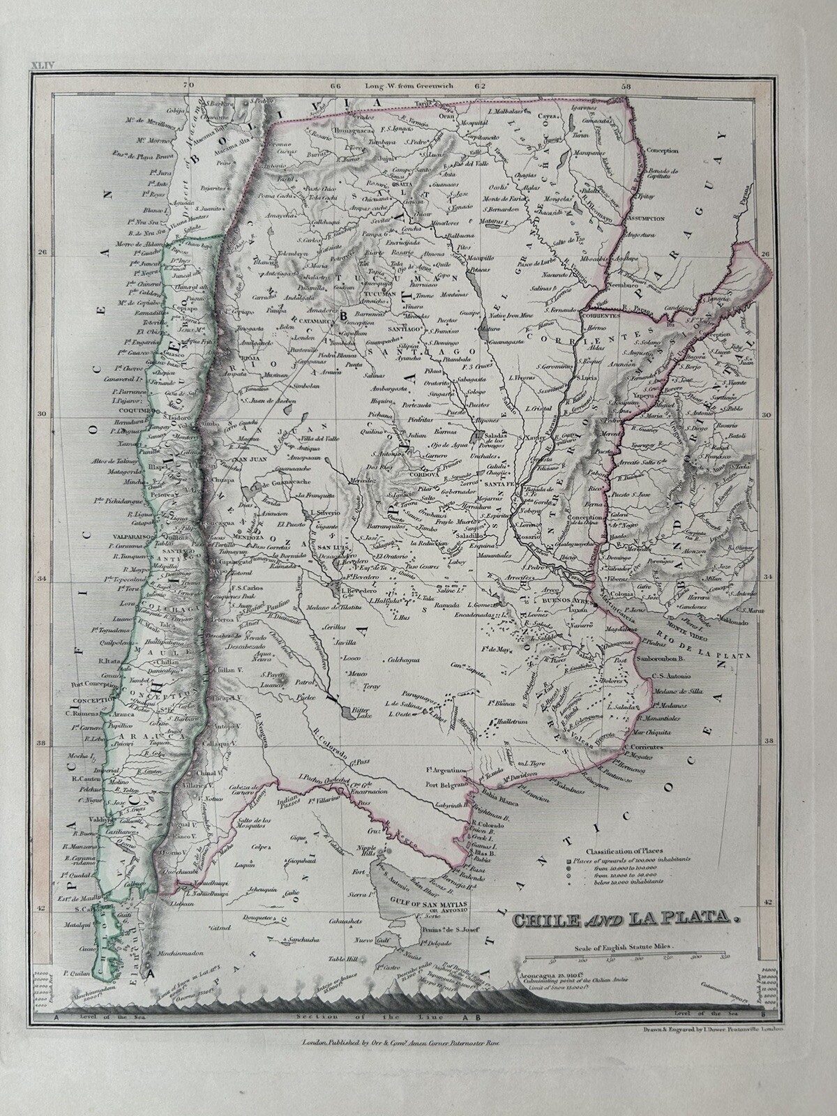 1851 Chile & La Plata  Hand Coloured Antique Map By John Dower Showing Mountains