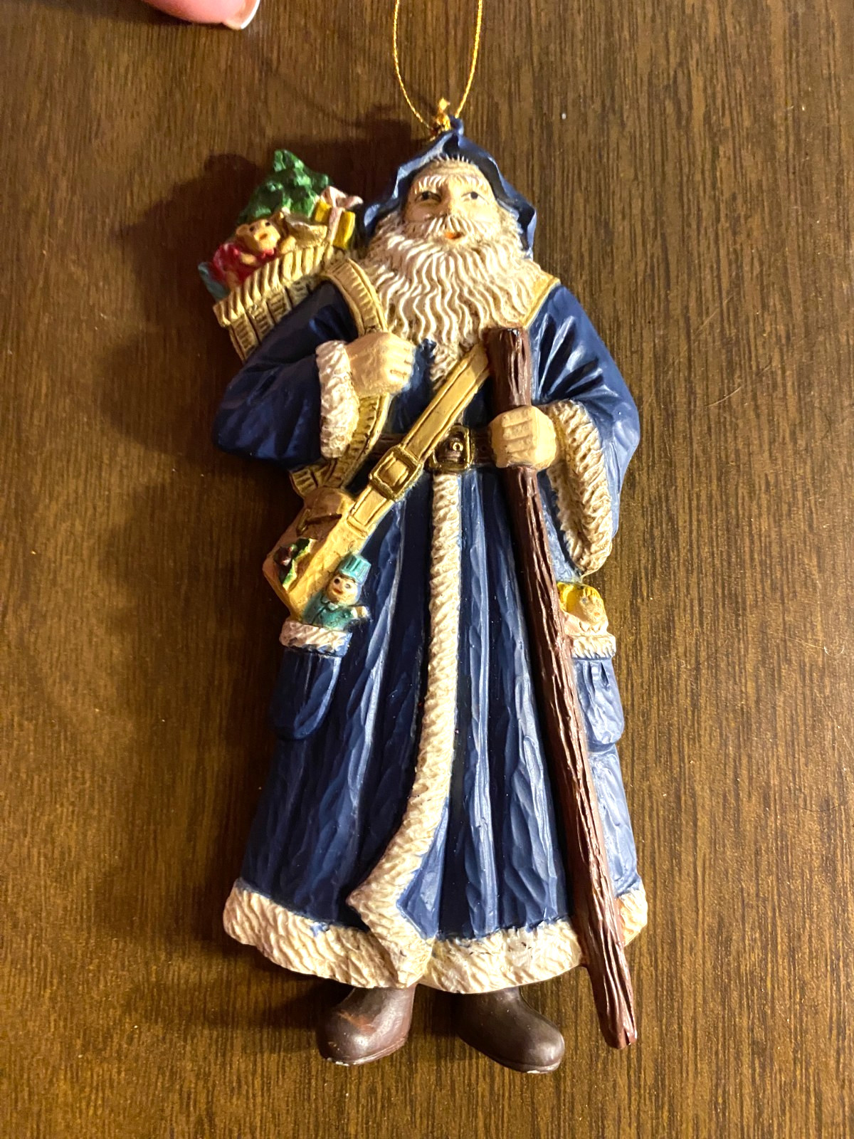 Vintage Blue Hard Plastic Santa Christmas Ornament 5 1/4"