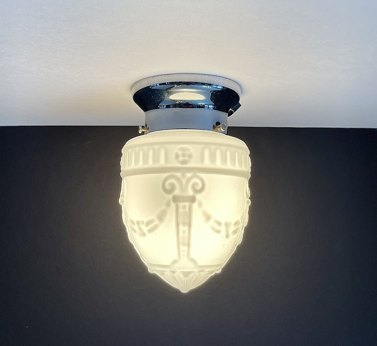 Antique  1930s 40s Art Deco Nouveau Victorian Chrome Ceiling Light Fixture Vtg