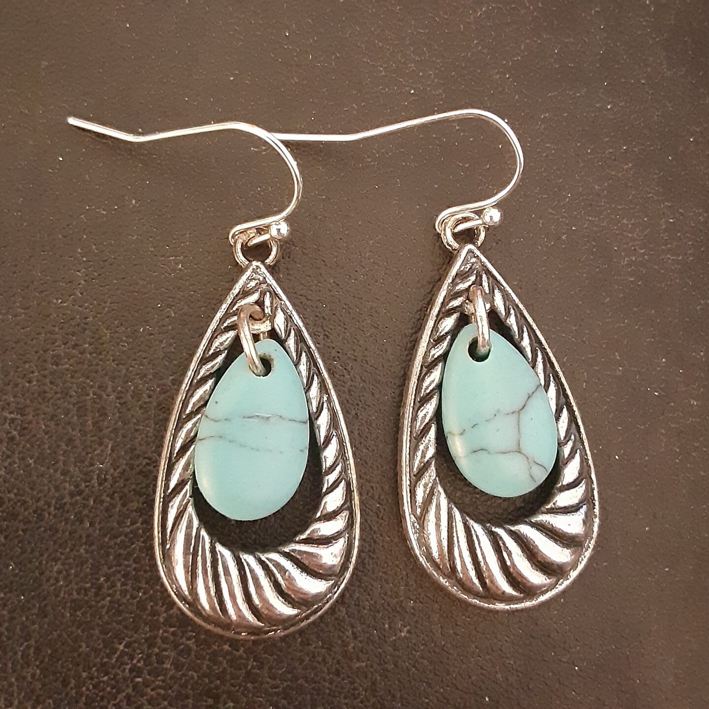 Faux Turquoise Dangle Earrings Silver Tone Tear Drop 1.5