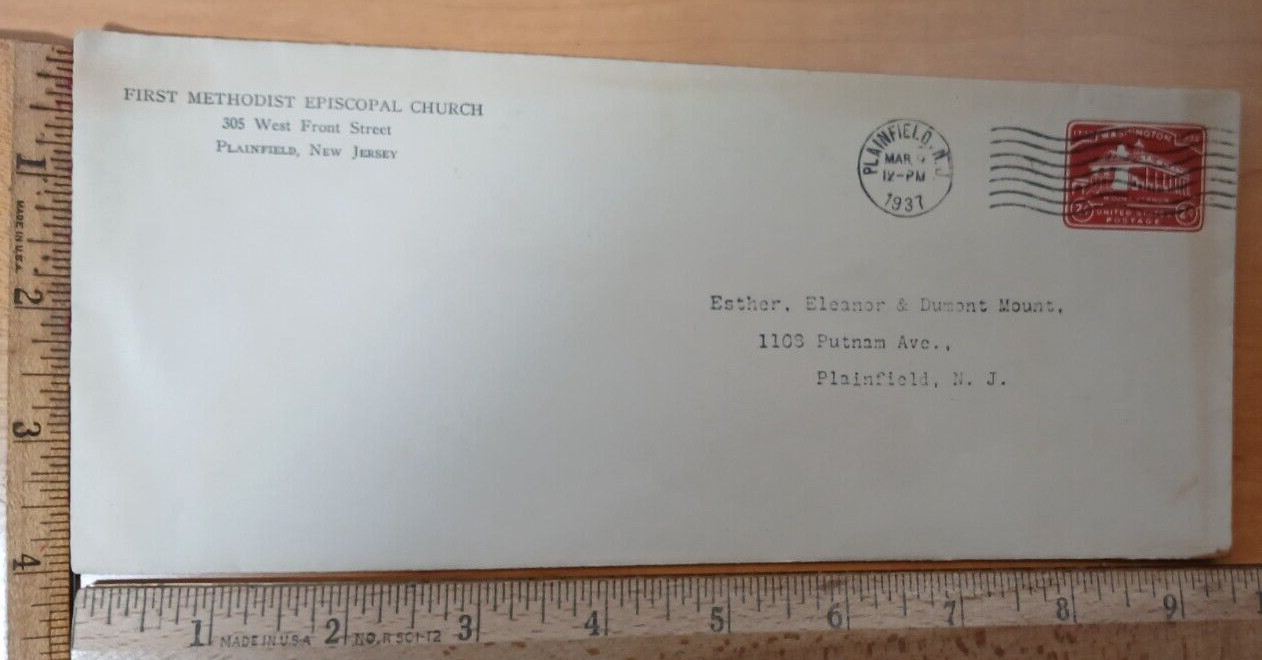First Methodist Episcopal Church Envelope 1937 Plainfield New Jersey religious