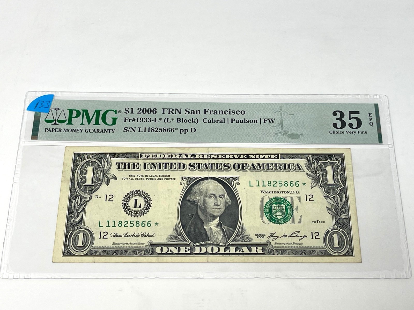 2006 $1 One Dollar, FEDERAL RESERVE  *STAR* NOTE, San Fran,' PMG 35 CVF' (#133)