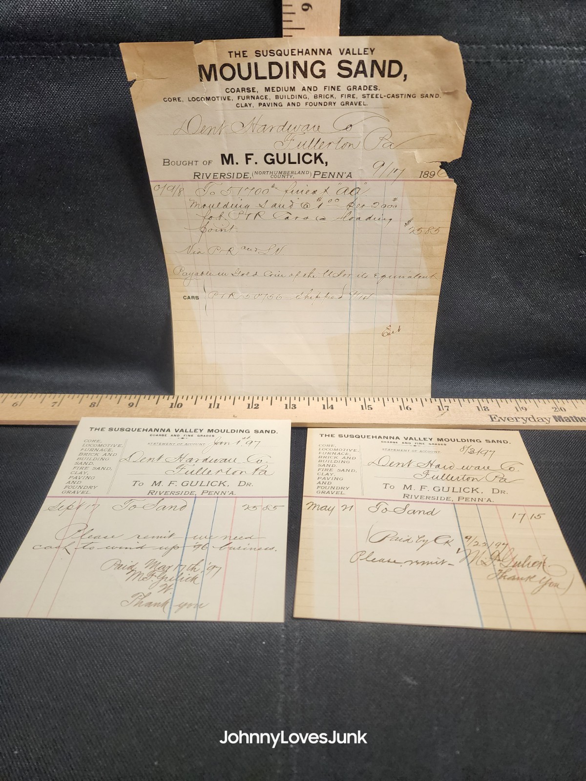 Antique 1896 Letter/Bill Heads The Susquehanna Valley Moulding Sand Pennsylvania