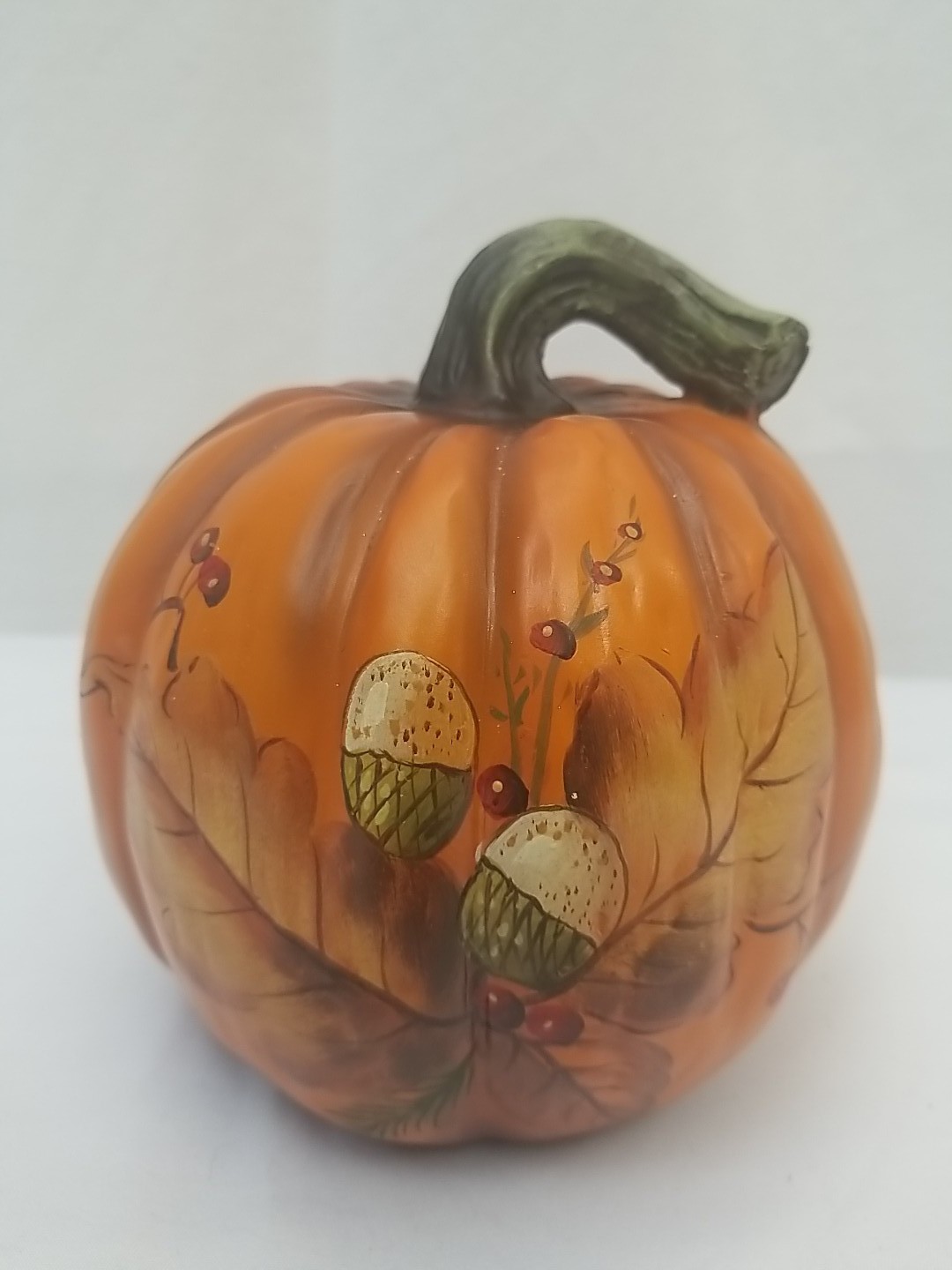Tole Painted Fall Acorn Autumn Leaves 6" Resin Pumpkin
