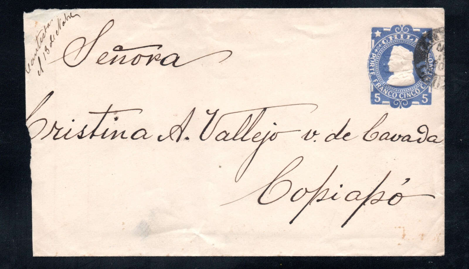CHILE, SOBRE COLON NAPOLEON IMPRESO DE 5 CTS, DESTINO COPIAPO  (SO-141)