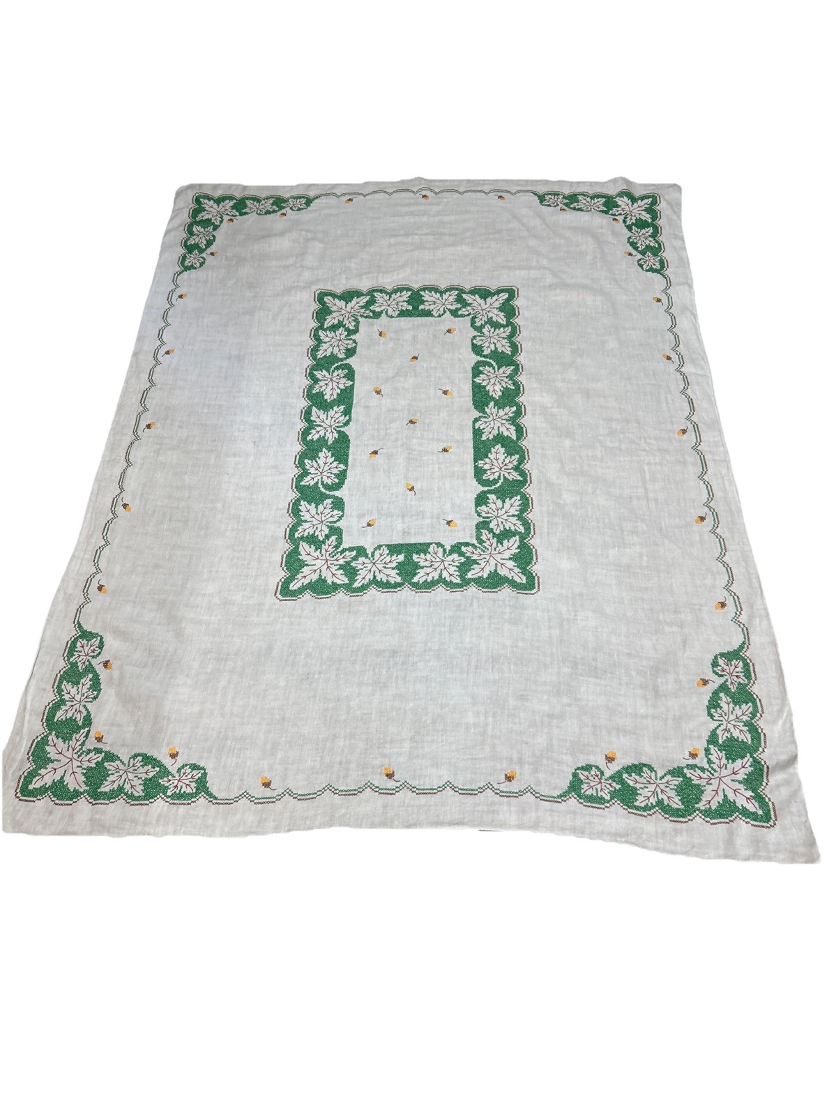 Vtg Hand Embroidered Green Oak  Leaves & Acorns Linen Tablecloth 56 x73” Flaw
