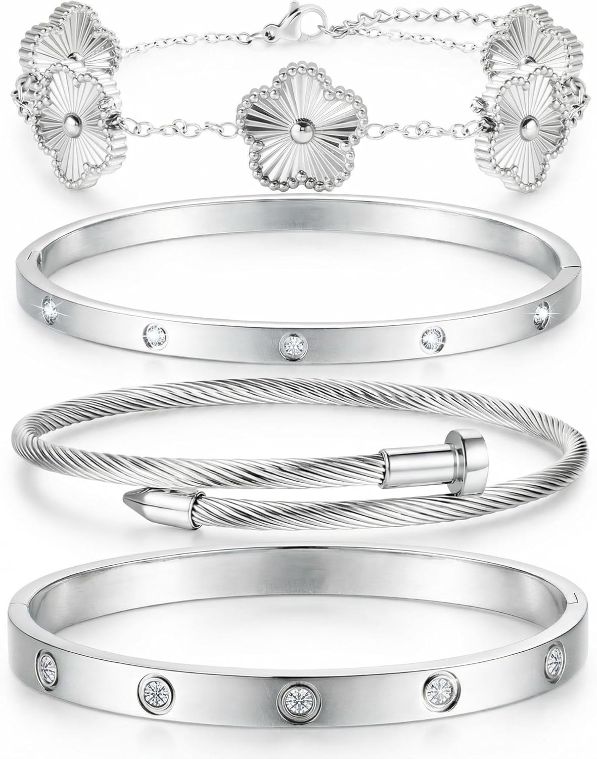 18K Gold Bracelets for Women - Stackable Clover & Nail Love Bangle Set - Non-Tar