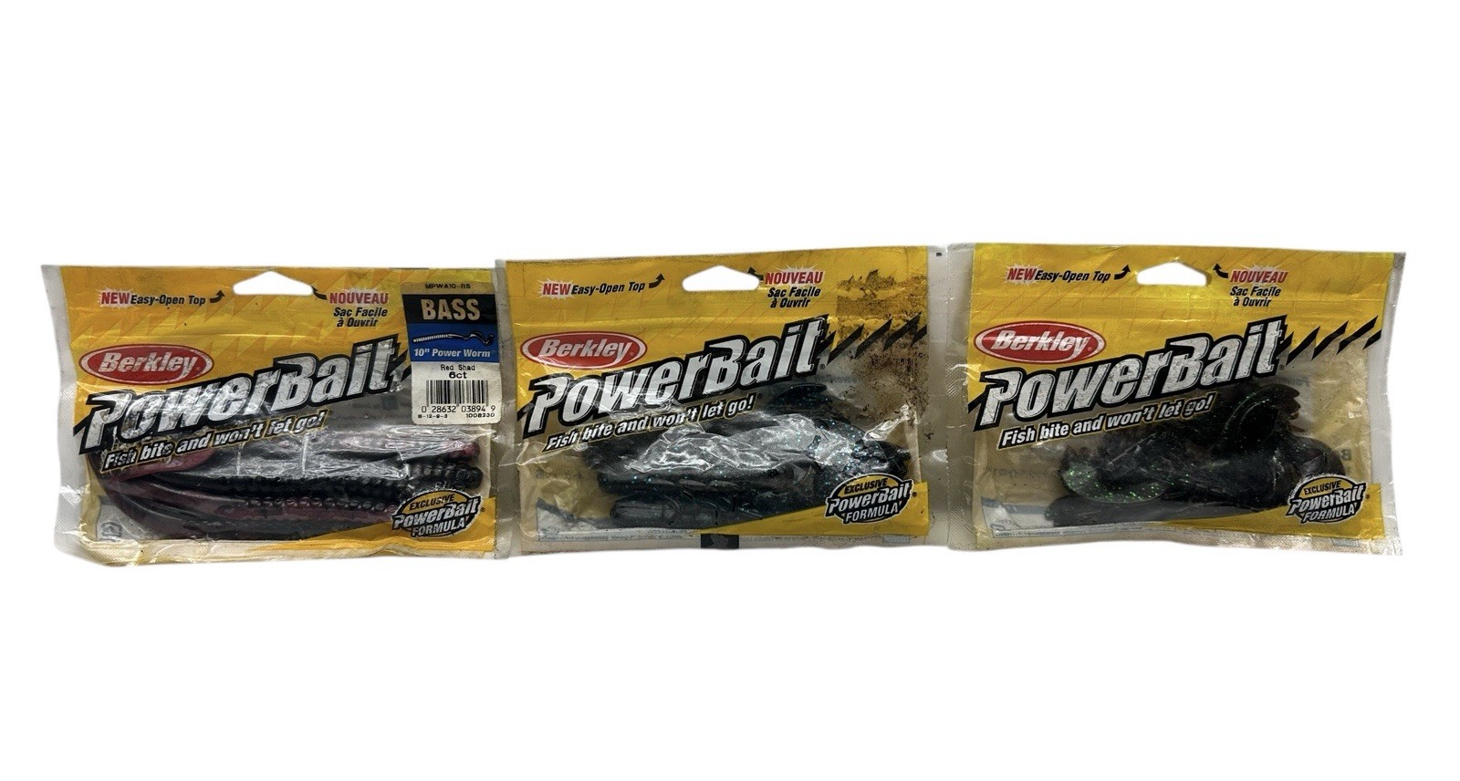 Lot Of 3 Powerbait Power Worms & Chigger Craw Lures- 2 Of Them Have Some Missing