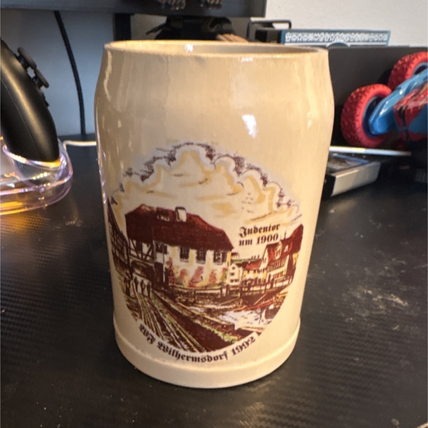 German Ceramic Beer Mug Wilhelmsdorf Jubiläum 1900 Zudentor Village Scene