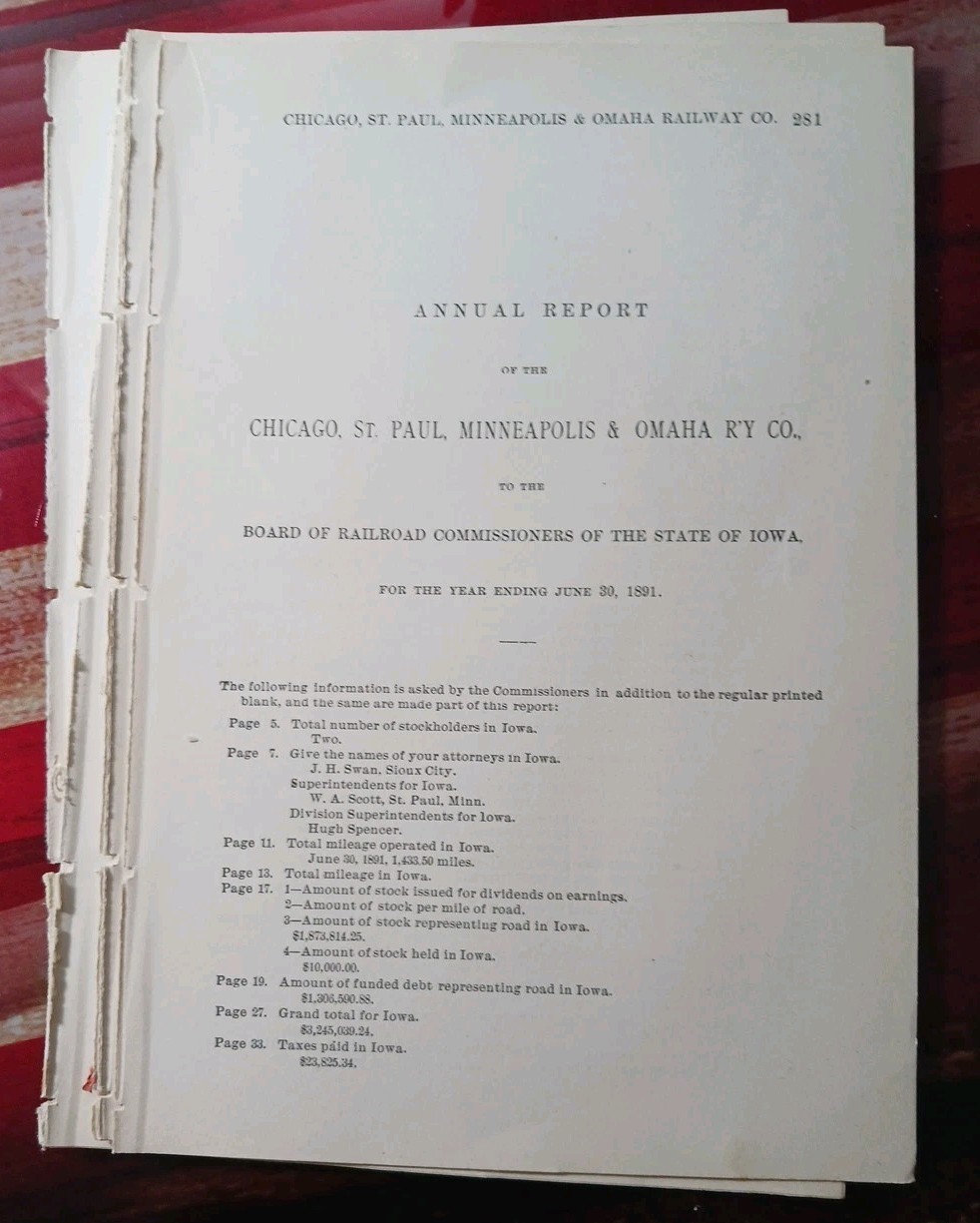 1891 Iowa Annual Report Chicago St Paul Minneapolis & Omaha Railway  ~ 20 Pages 