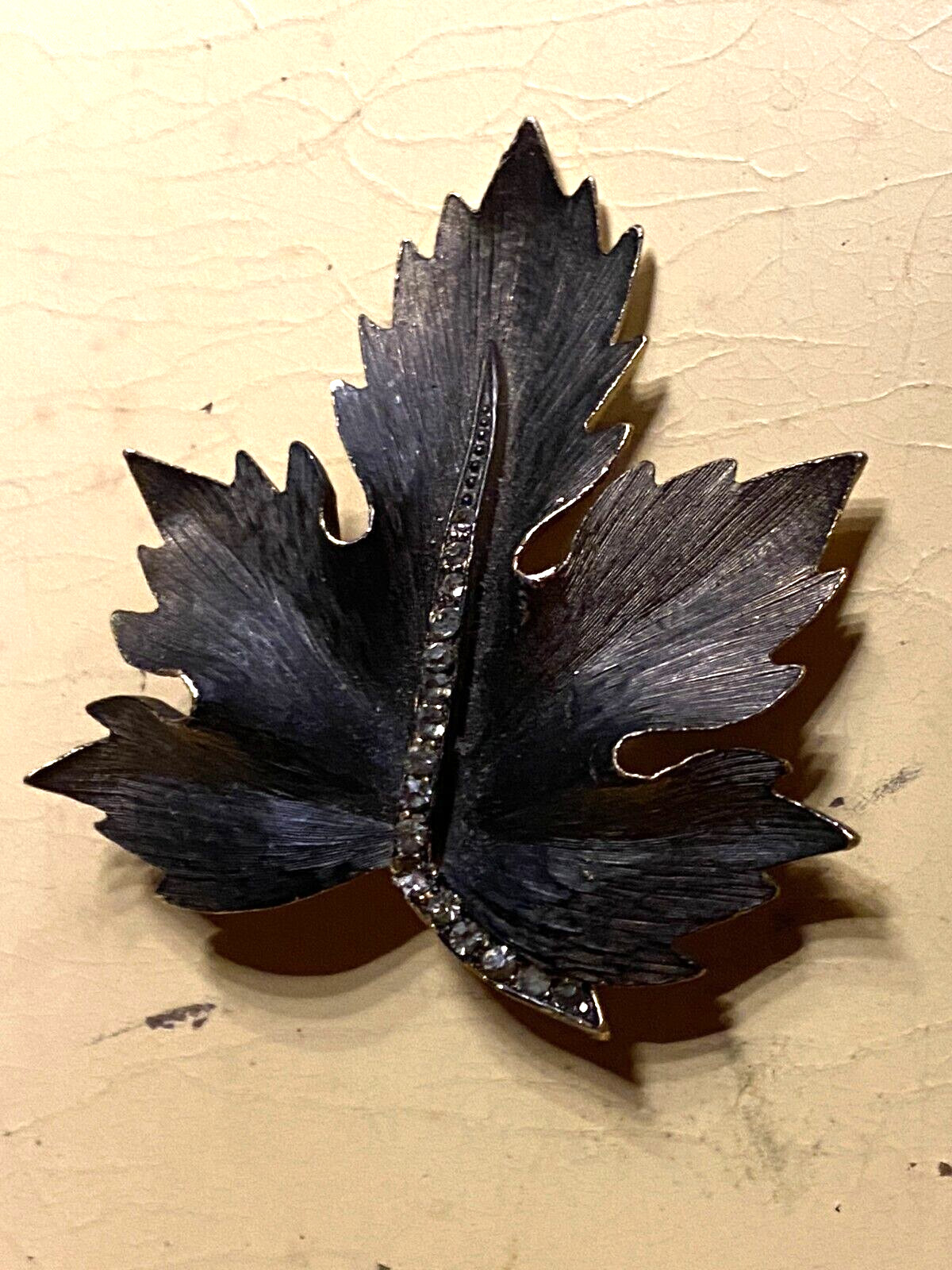 Vintage Gold Tone & Black Rhinestone Leaf Pin Brooch Large Statement 2"