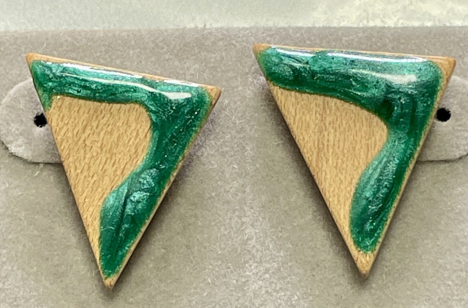 Vintage 3/4” Triangle Wood Green Enameled Abstract Earrings