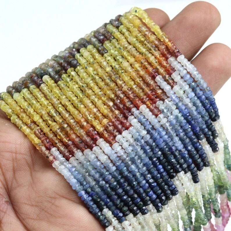 Multi Sapphire Faceted Rondelle Beads: Rainbow Gemstone Strand, 16 inch