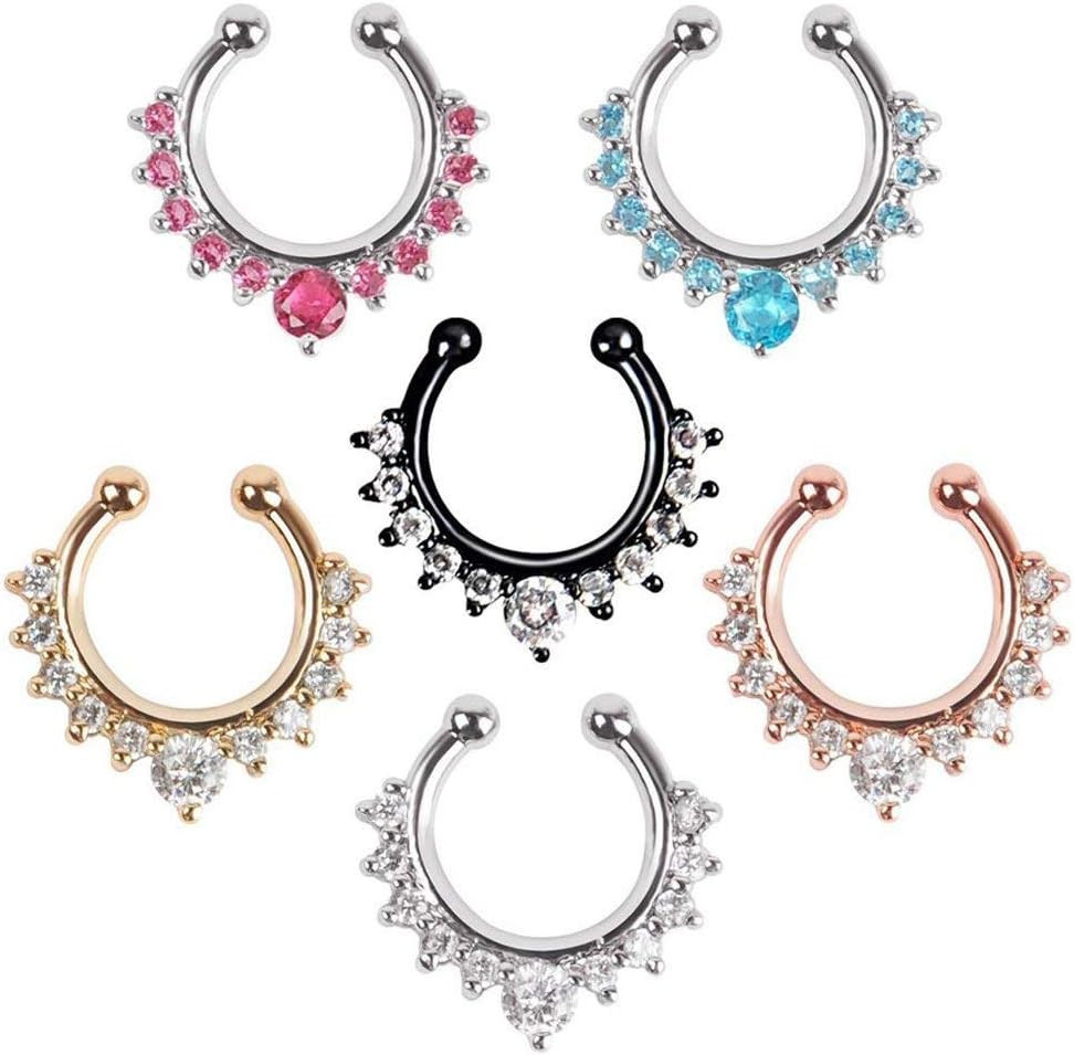 6Pcs Fake Septum Clicker Nose Ring Rhinestone Non Piercing Hanger Clip Body Jewe