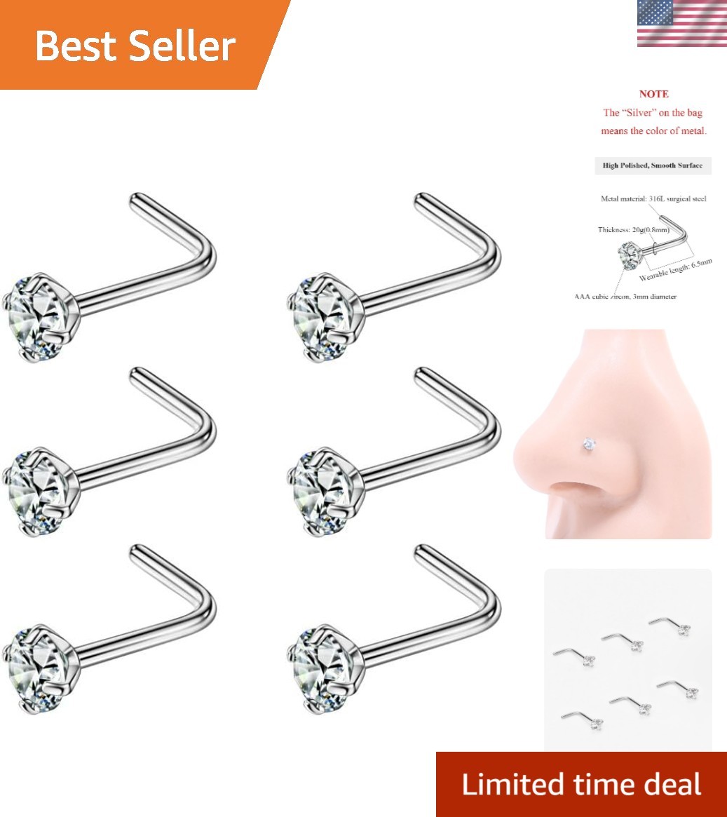316L Surgical Steel Nose Rings L Shape Diamond Nose Studs Hypoallergenic Nost...