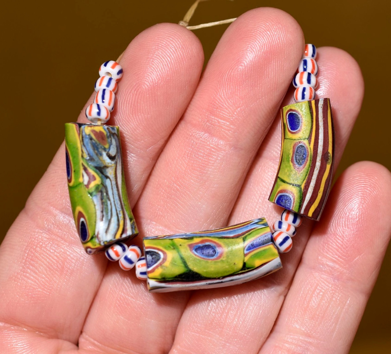 Antique Venetian Millefiori Murrine Cane Italian Semi Elbow Beads, African Trade