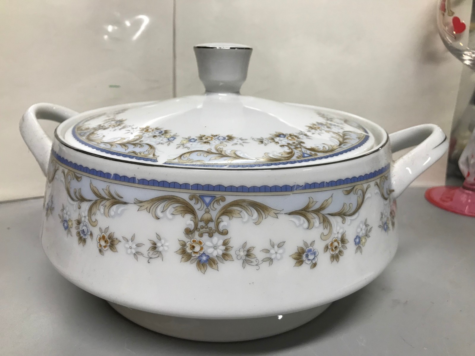 Casserole Covered Vintage MTK China Dish White gold Border Blue Floral Spray nos