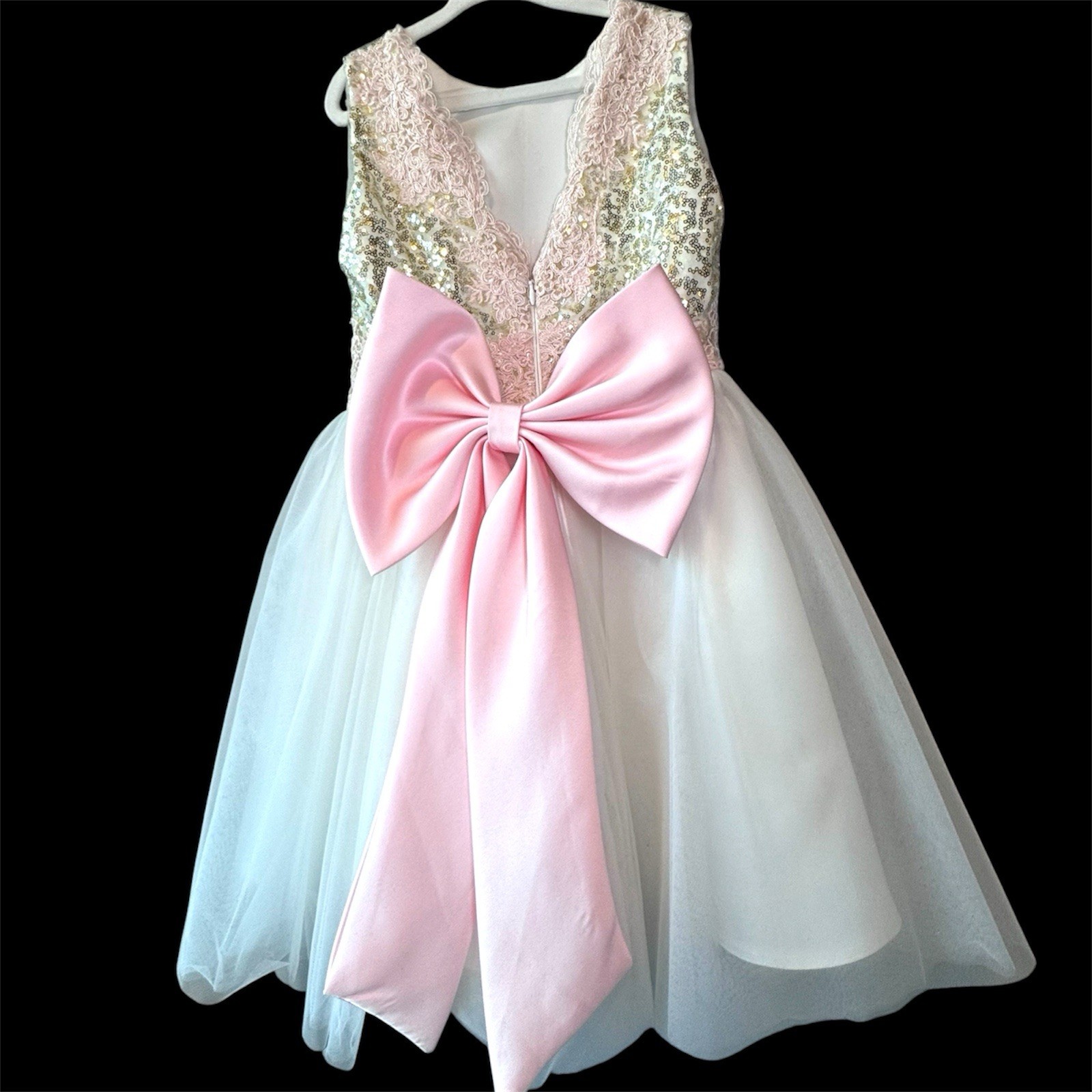 Flower Girl Dress Size 7 Pink Bow Sequin Tulle Princess Wedding Party Dress