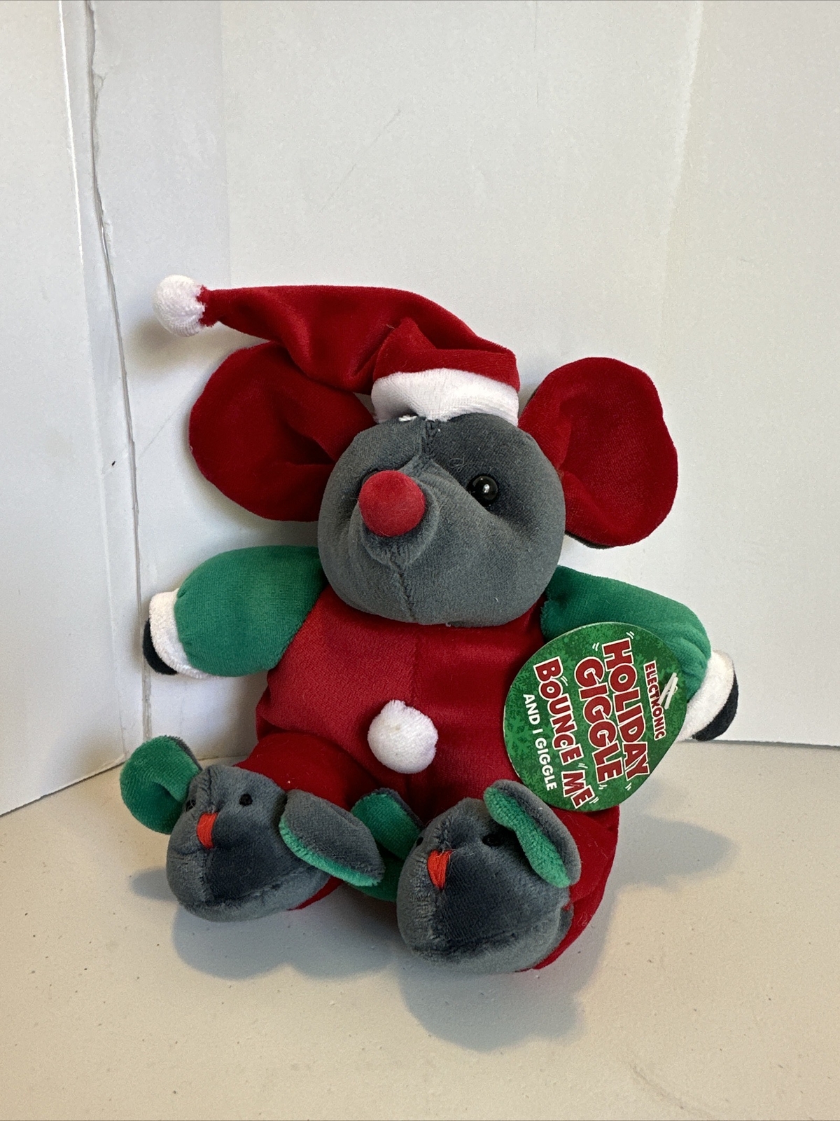 Christmas Mouse Gray With Mouse Slippers Giggles When You Tap His Belly 8” W/tag